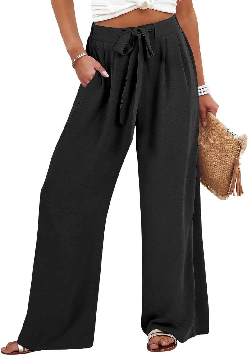 Women's Work Pants Wide Leg 2025 Paperbag Dress Pants Casual Belted Slacks Office Trousers High Waisted with Pockets
