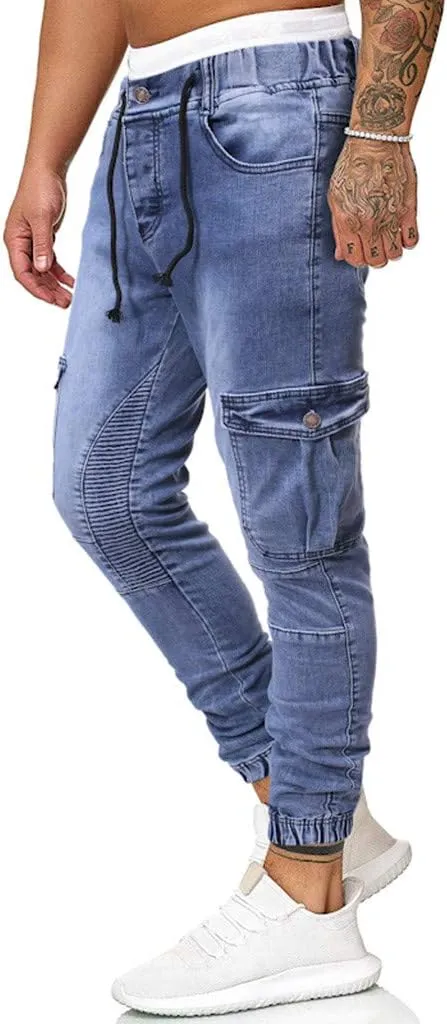 WUAI-Men Skinny Jeans Stretch Washed Slim Fit Stretch Biker Jeans Denim Pants with Big Pockets