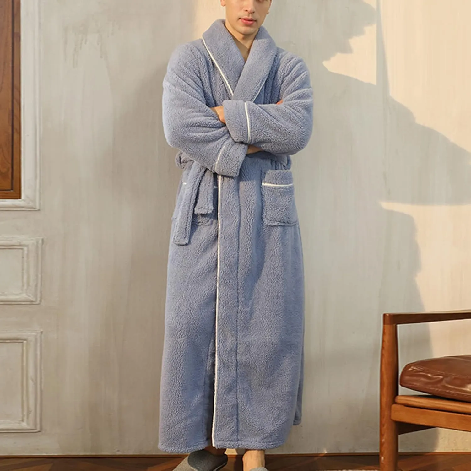XUNRYAN Womens Robes Thicken Winter Warm Coat Fleece Plush Bathrobes Female Kimono Coat Open Front Cardigans Maxi Long Coat