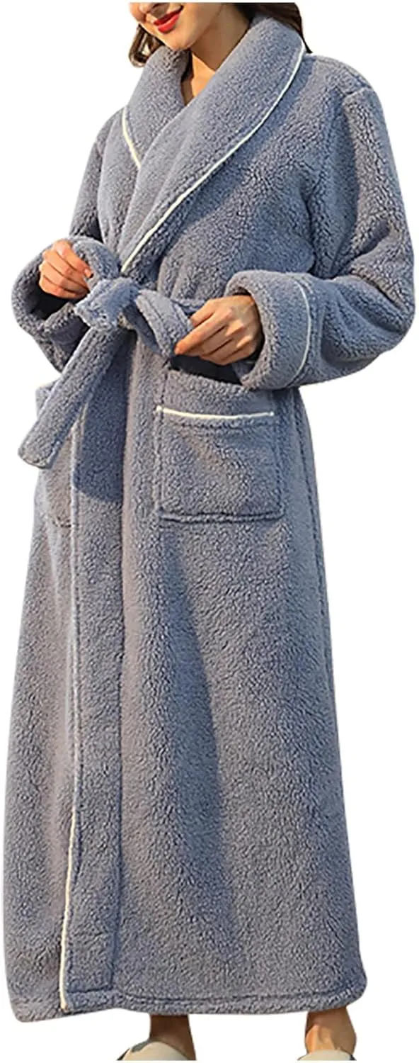 XUNRYAN Womens Robes Thicken Winter Warm Coat Fleece Plush Bathrobes Female Kimono Coat Open Front Cardigans Maxi Long Coat