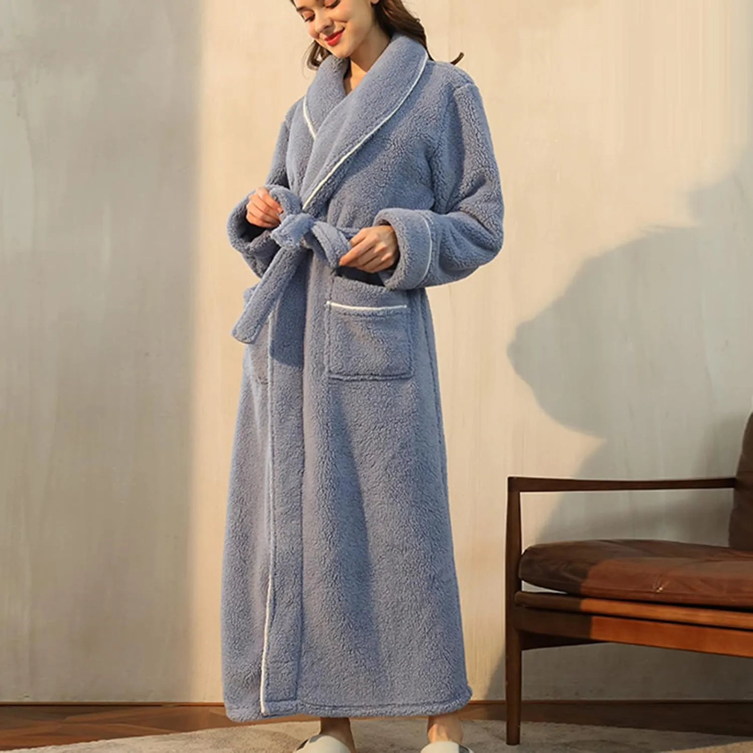 XUNRYAN Womens Robes Thicken Winter Warm Coat Fleece Plush Bathrobes Female Kimono Coat Open Front Cardigans Maxi Long Coat