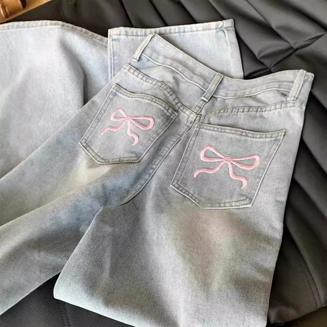 Y2k Baggy Bow Jeans for Woman Cute Bow Wide Leg Jeans Light Wash Boyfriend Denim Pants