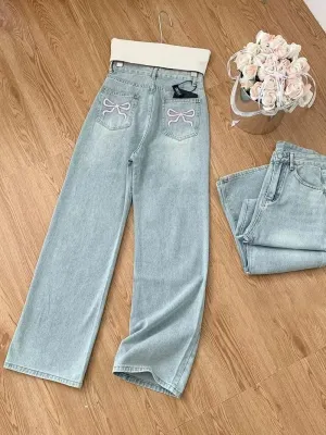Y2k Baggy Bow Jeans for Woman Cute Bow Wide Leg Jeans Light Wash Boyfriend Denim Pants
