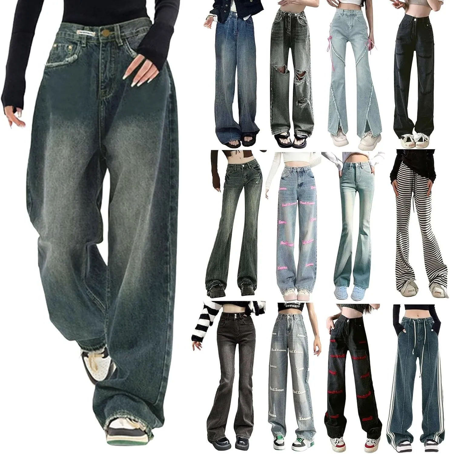 Y2K Jeans for Women Baggy Boyfried Jeans Loose Wide Leg Jeans High Waist Hip Hop Pants Casual Trousers Goth Trousers