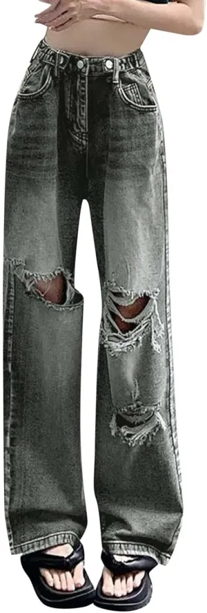 Y2K Jeans for Women Baggy Boyfried Jeans Loose Wide Leg Jeans High Waist Hip Hop Pants Casual Trousers Goth Trousers