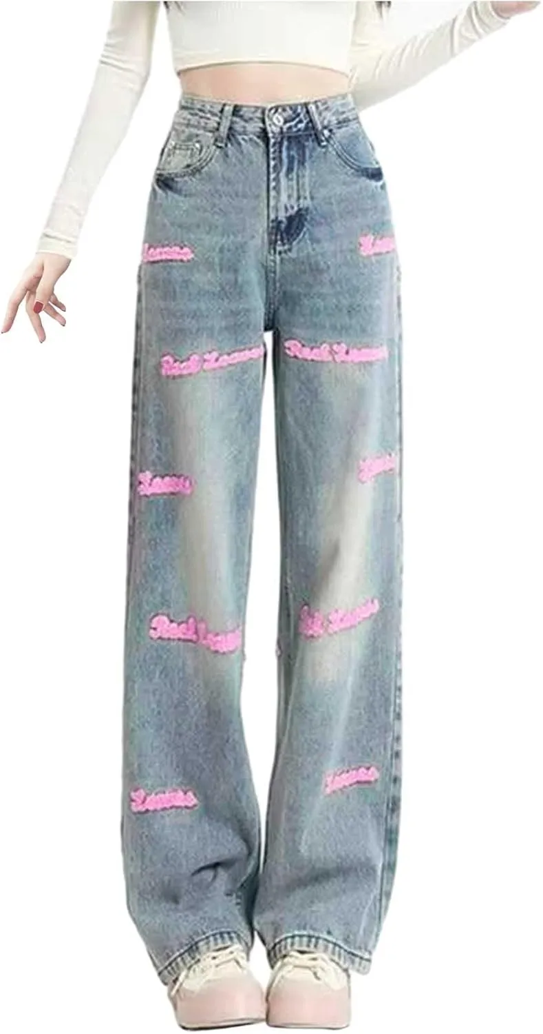Y2K Jeans for Women Baggy Boyfried Jeans Loose Wide Leg Jeans High Waist Hip Hop Pants Casual Trousers Goth Trousers