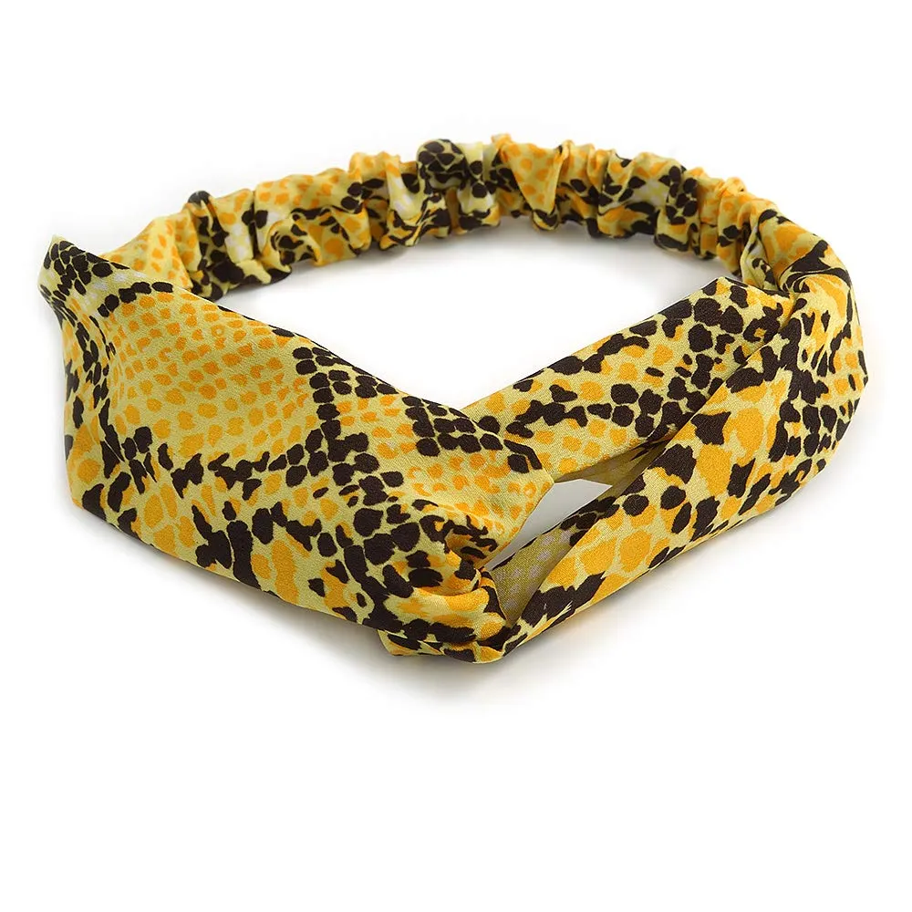 Yellow/Black Snake Print Twisted Fabric Elastic Headband/Headwrap