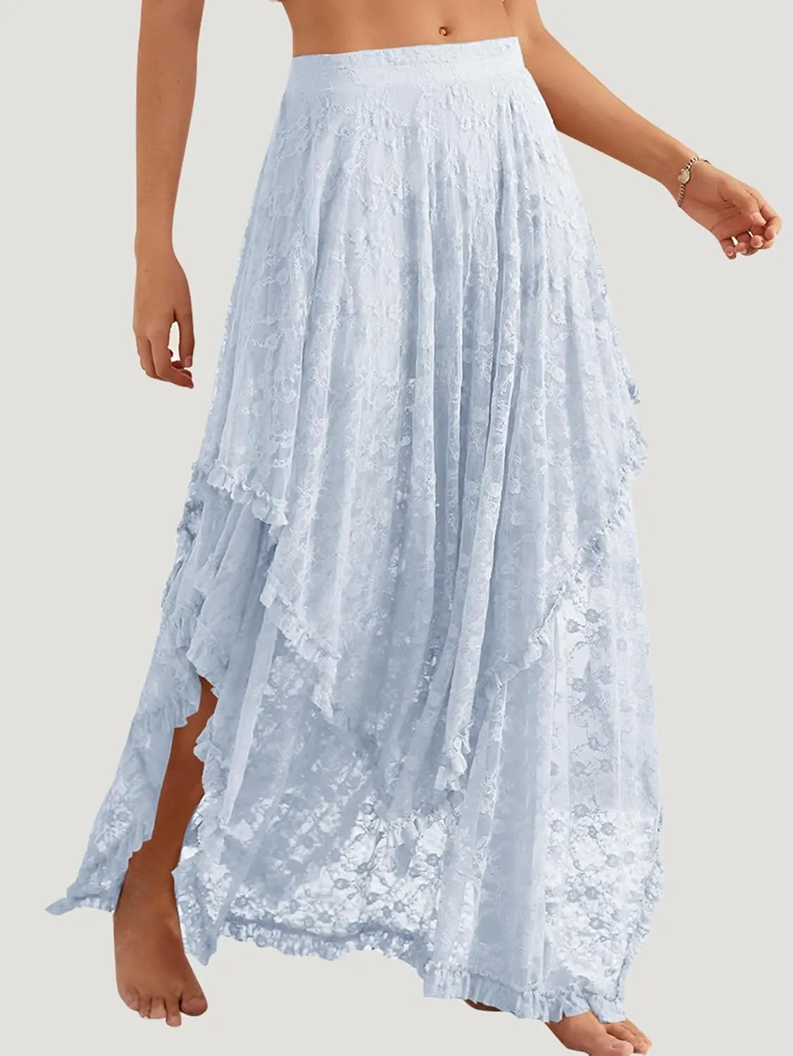 YKR Womens Lace Long Skirts Elastic Asymmetrical Layered Hem Sexy See-Through Flowy Skirts Floral Beach Maxi Skirt