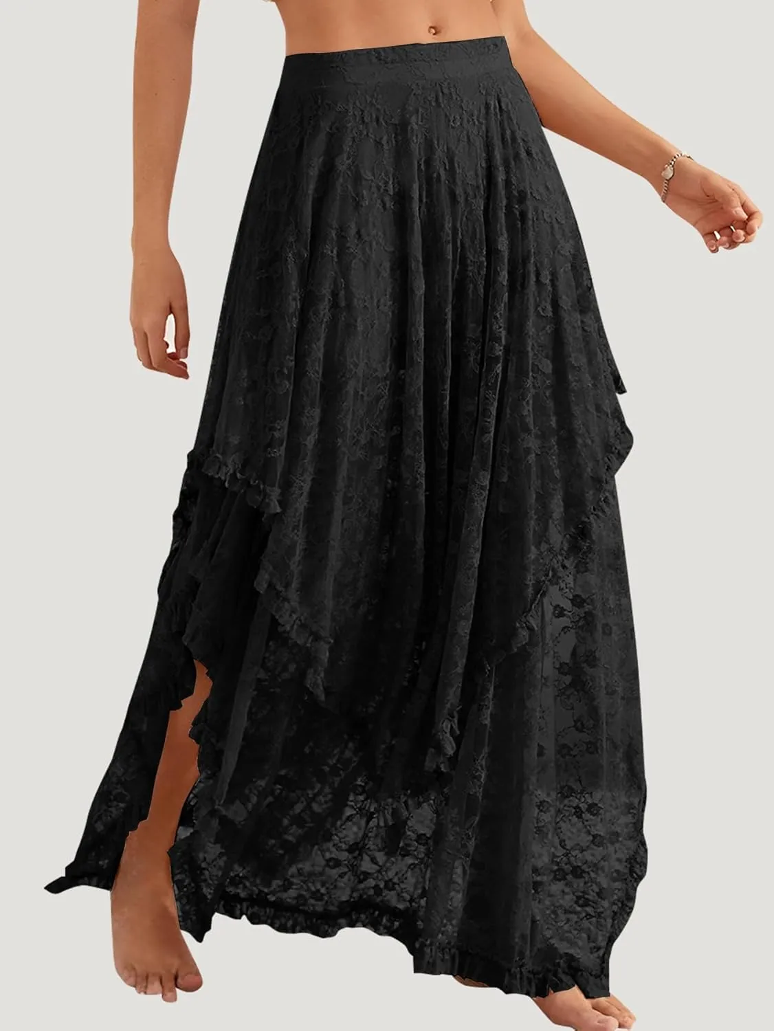 YKR Womens Lace Long Skirts Elastic Asymmetrical Layered Hem Sexy See-Through Flowy Skirts Floral Beach Maxi Skirt