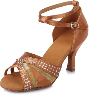 YKXLM Women Rhinestone Ballroom Dance Shoes Latin Performance Dance Shoes High Heel Practice Dancing Shoes
