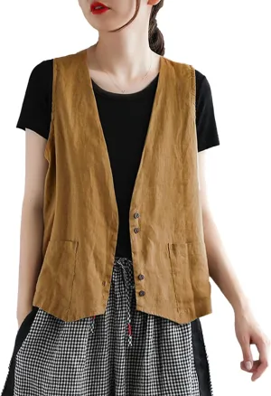 Zontroldy Womens Cotton Linen Vest Casual Loose V Neck Sleeveless Vests Jacket Blazer Waistcoat with Pockets