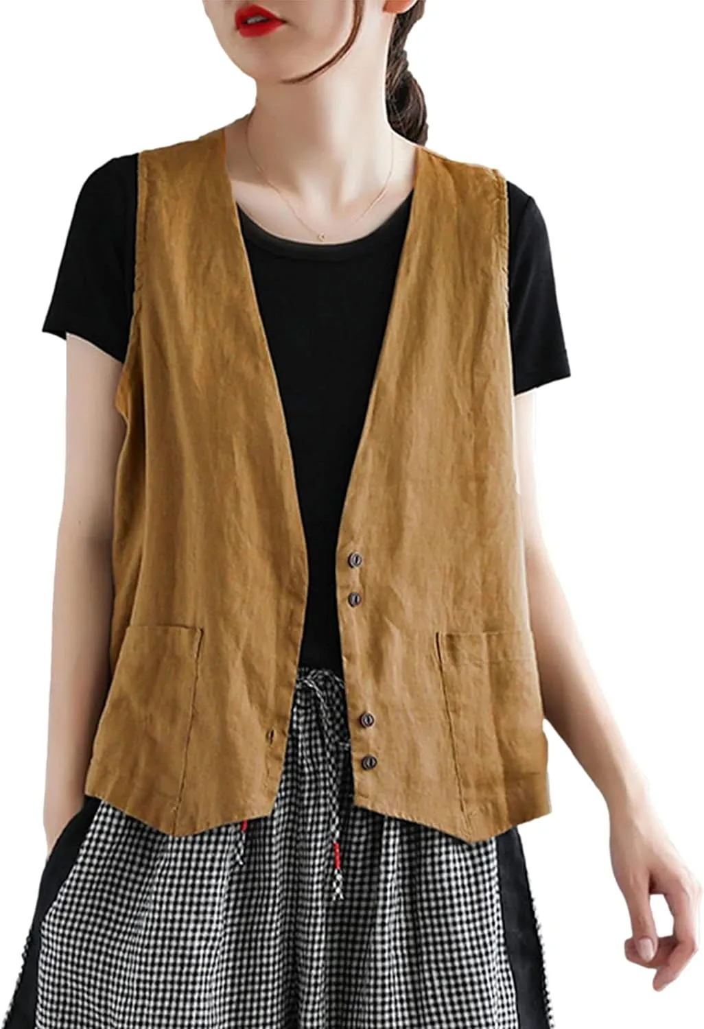 Zontroldy Womens Cotton Linen Vest Casual Loose V Neck Sleeveless Vests Jacket Blazer Waistcoat with Pockets