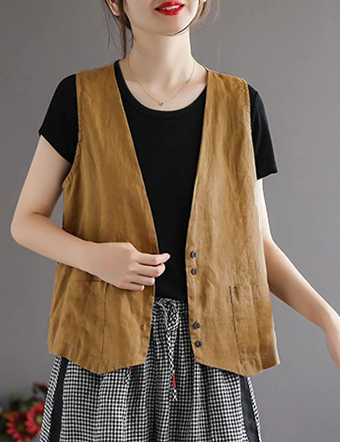 Zontroldy Womens Cotton Linen Vest Casual Loose V Neck Sleeveless Vests Jacket Blazer Waistcoat with Pockets